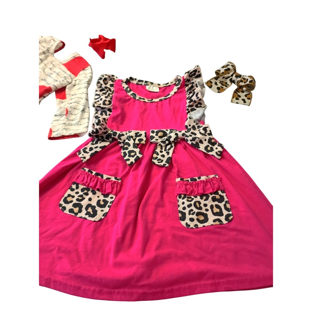 BMG Toddler Girls Valentine Heart & Leopard Print Dress‎ Set with Bows 2T 3T